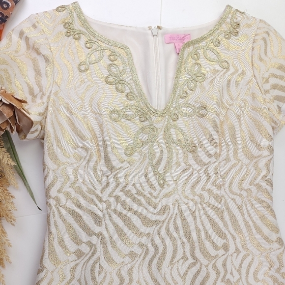 New Lilly Pulitzer Cream Gold Embroidered Metallic Dress Sz 2 - Picture 2 of 13